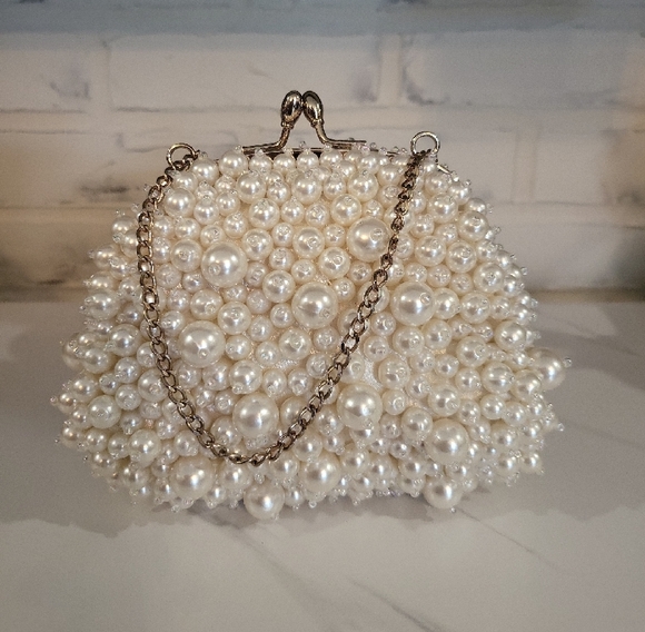 Banana Republic Handbags - Banana Repubic Elegant Pearl-Embellished White Evening Bag